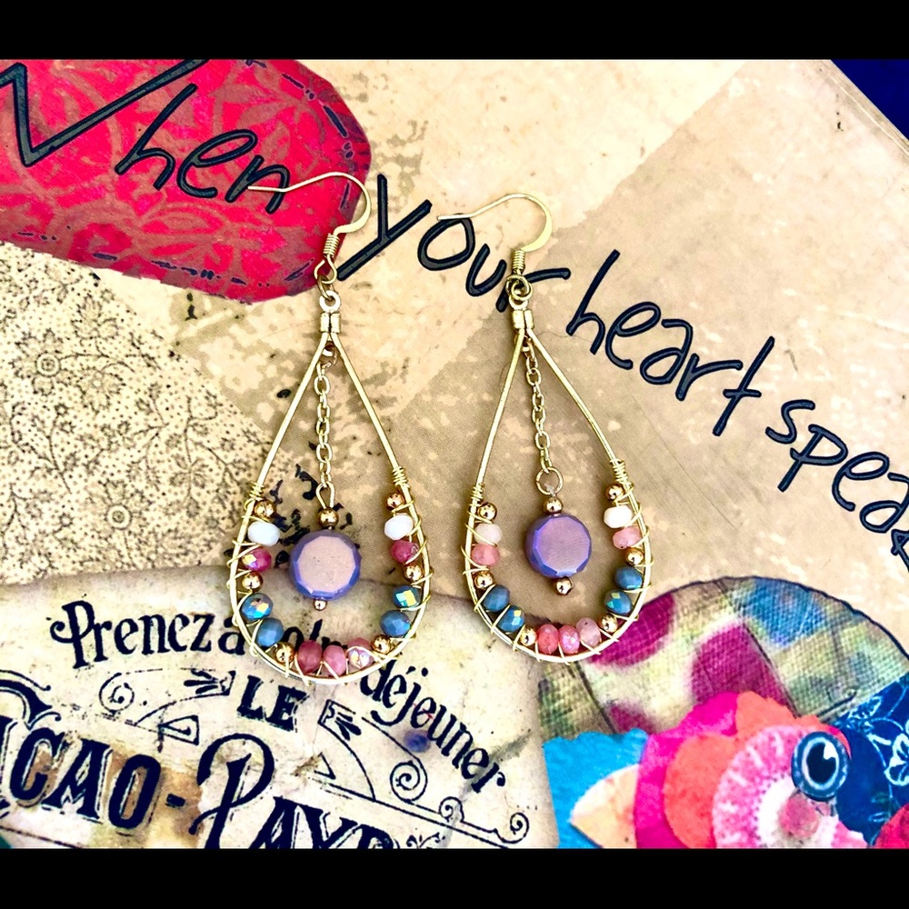 Purple pink and gold wire wrapped beaded earrings